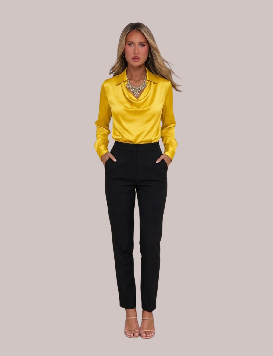 Rose Draped Neck Satin Blouse | Long Sleeve Elegant
