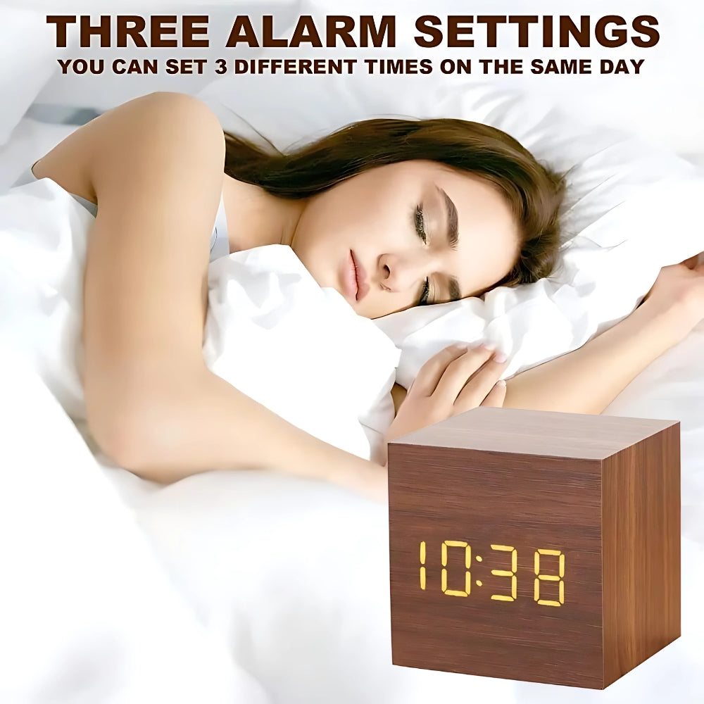 Wood Grain LED Alarm Clock With Temperature Display