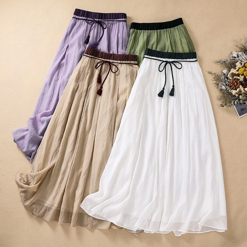A-Line Maxi Skirt with Textured Waist and Tassel Detail