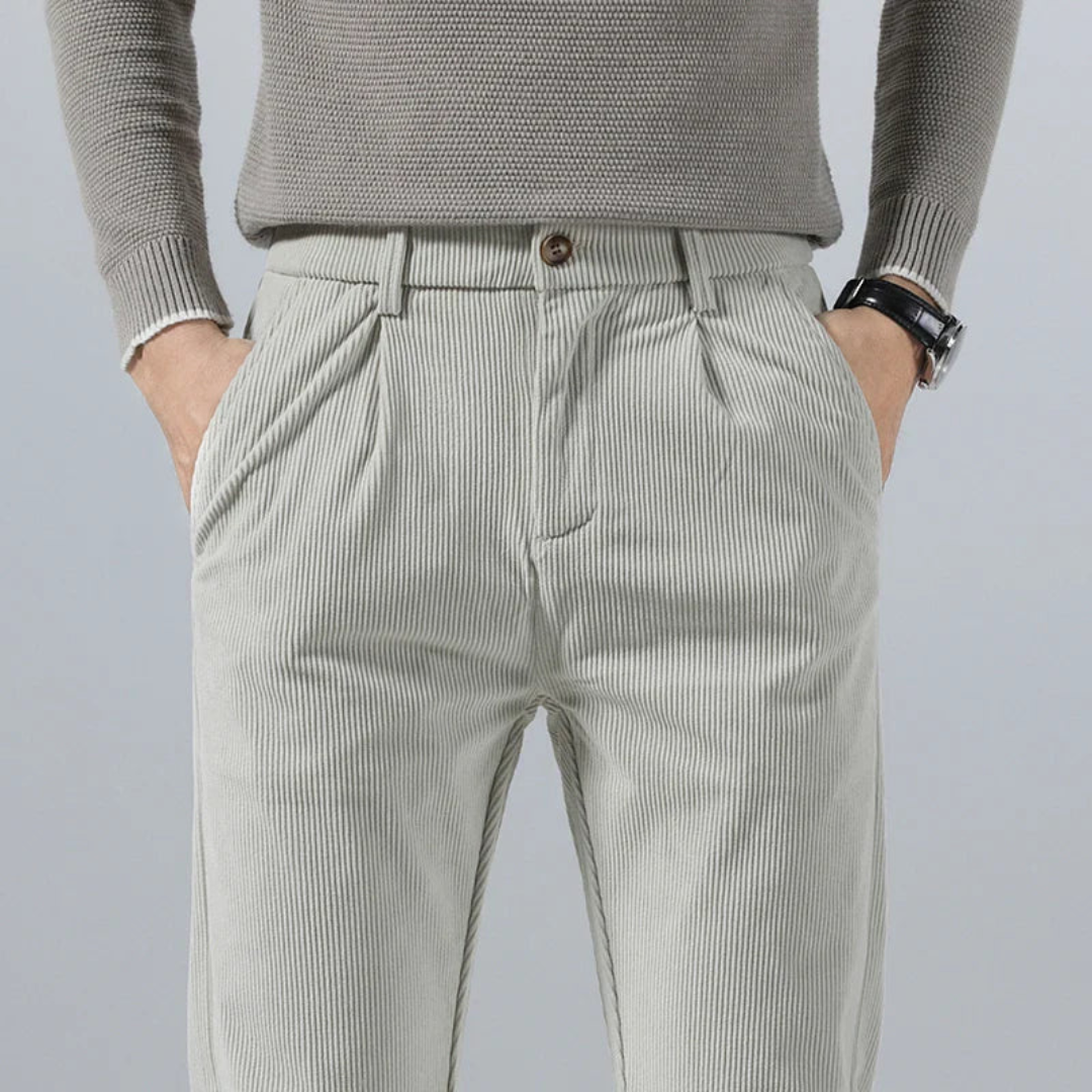 Joshua Ribbed Pleated Corduroy Trousers | Belt Loops Full-Length Corduroy Trousers