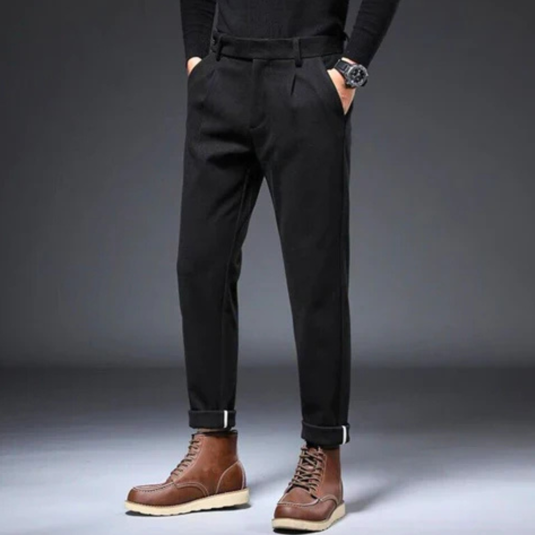 Oliver Tapered Fit Pleated Trousers | Cuffed Tab Waist Trousers