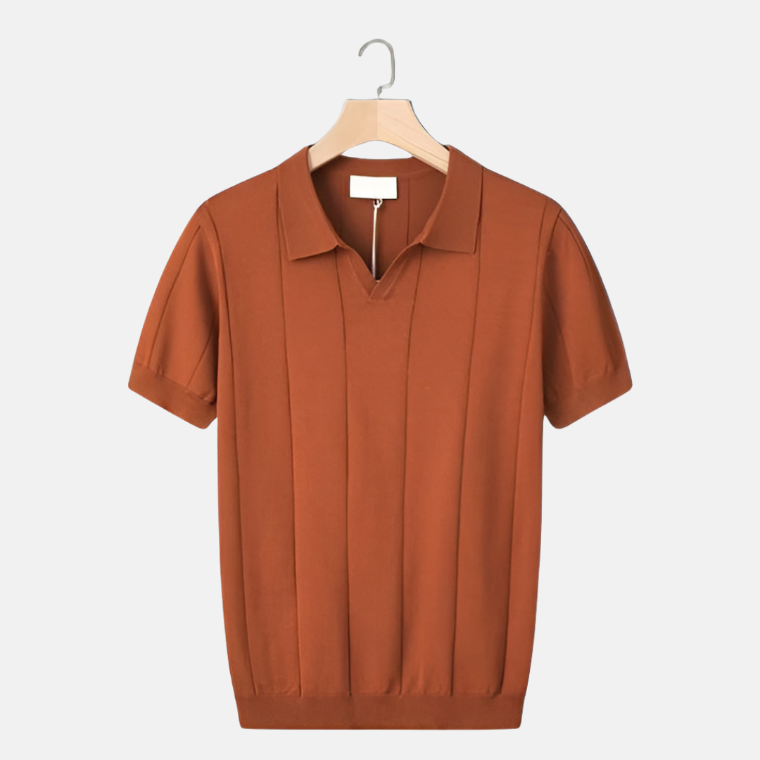 William Ribbed V-Neck Knit Polo | Collared Short Sleeve Polo