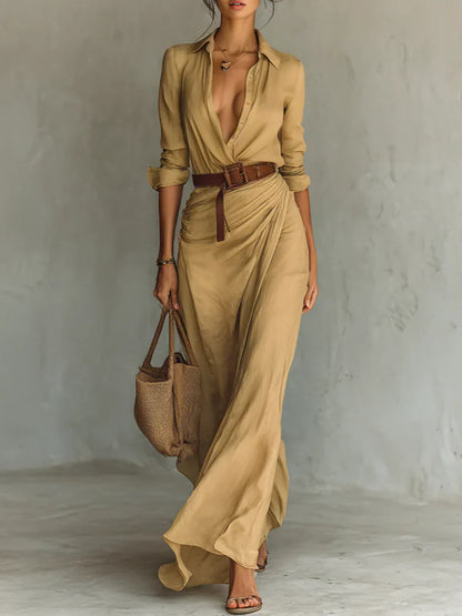 Flowing Maxi Shirt Dress with Draped Skirt and Belted Waist