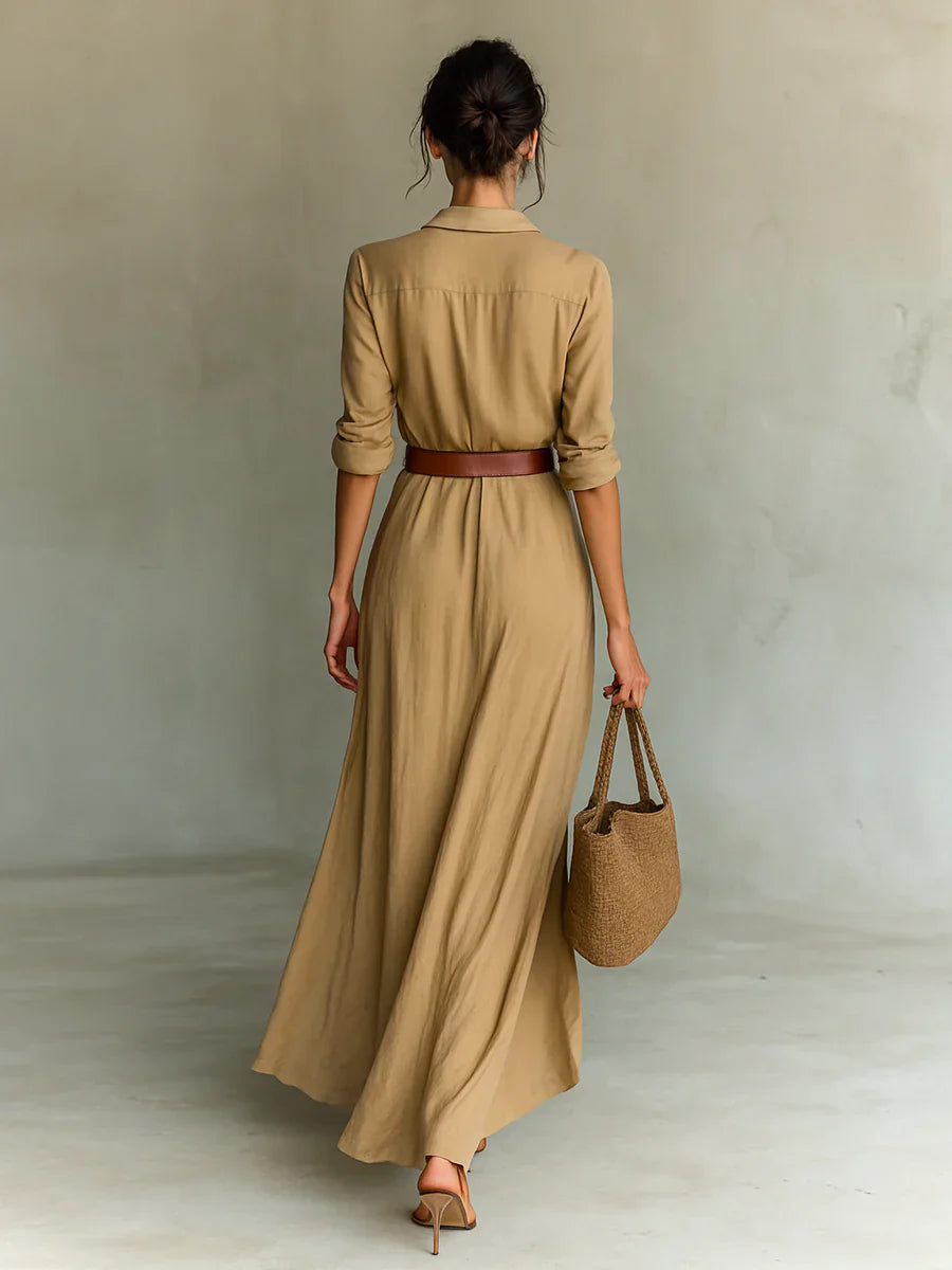 Flowing Maxi Shirt Dress with Draped Skirt and Belted Waist