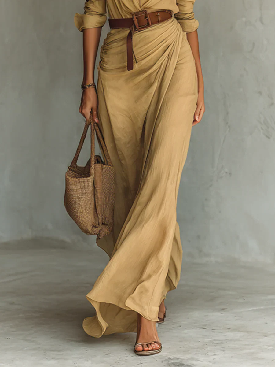 Flowing Maxi Shirt Dress with Draped Skirt and Belted Waist