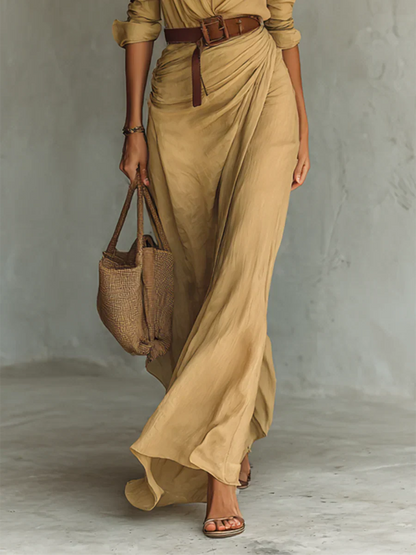 Flowing Maxi Shirt Dress with Draped Skirt and Belted Waist