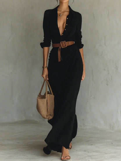 Flowing Maxi Shirt Dress with Draped Skirt and Belted Waist