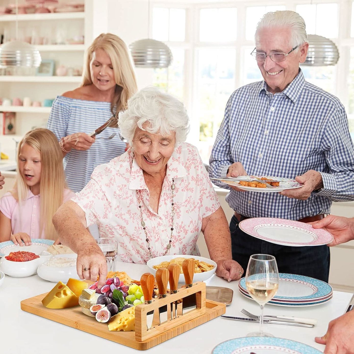 Contemporary Bamboo Cheese Board Set With Built-In Knife Holder
