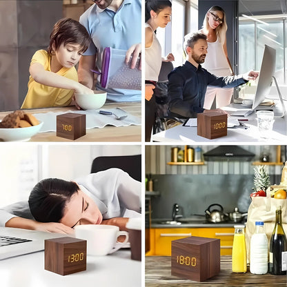 Wood Grain LED Alarm Clock With Temperature Display