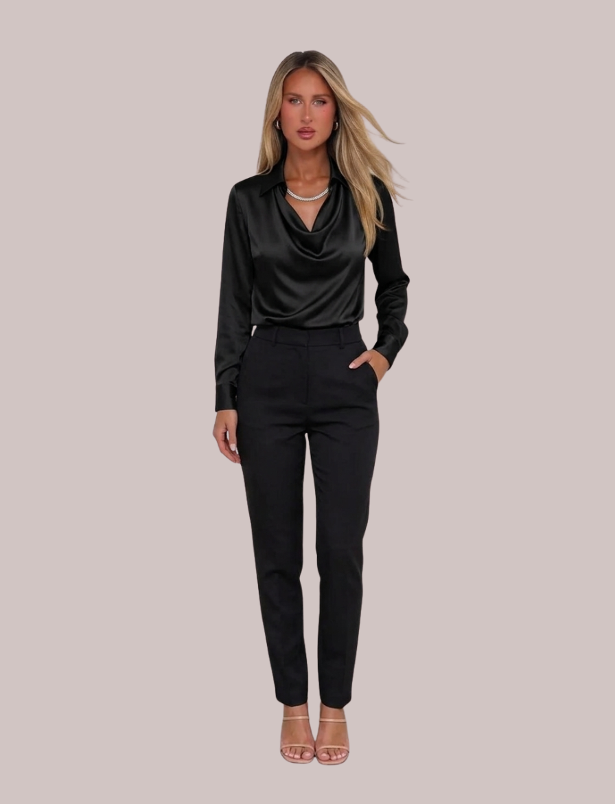 Rose Draped Neck Satin Blouse | Long Sleeve Elegant