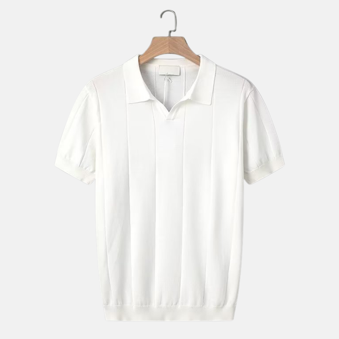 William Ribbed V-Neck Knit Polo | Collared Short Sleeve Polo