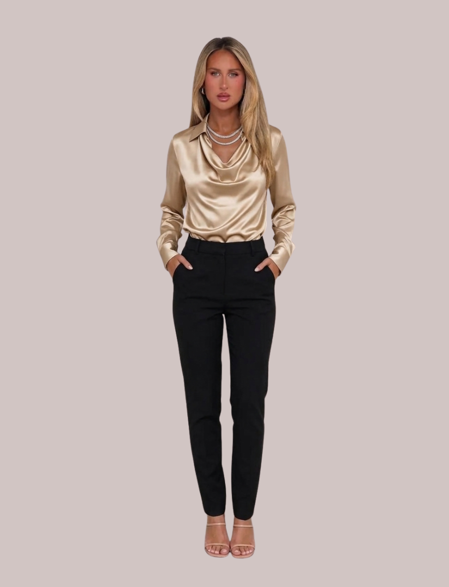 Rose Draped Neck Satin Blouse | Long Sleeve Elegant