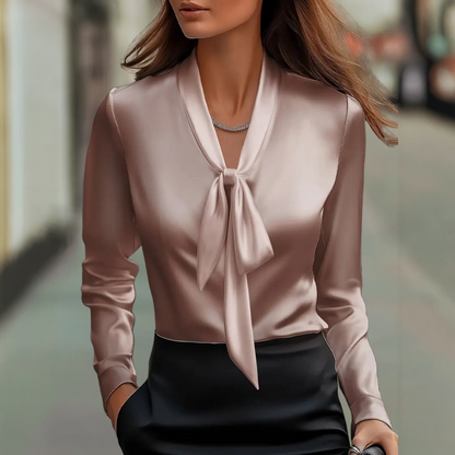 Tailored Blouse with Elegant Bow Tie Neck and Cuffed Sleeves