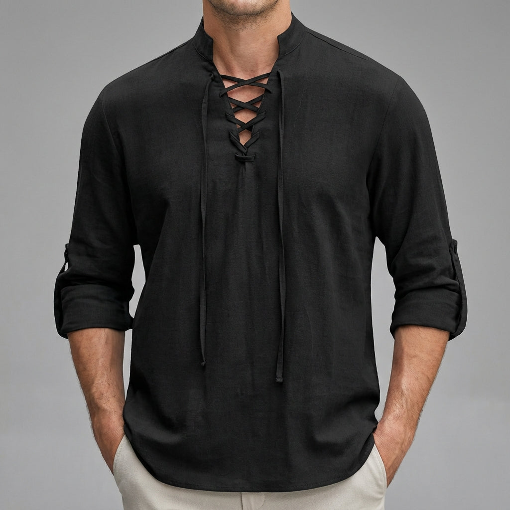Relaxed-Fit Lace-Up Henley with Stand Collar and Roll-Tab Sleeves