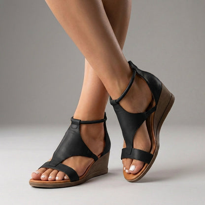 Refined Vegan T-Strap Wedge Sandals with Cushioned Insoles