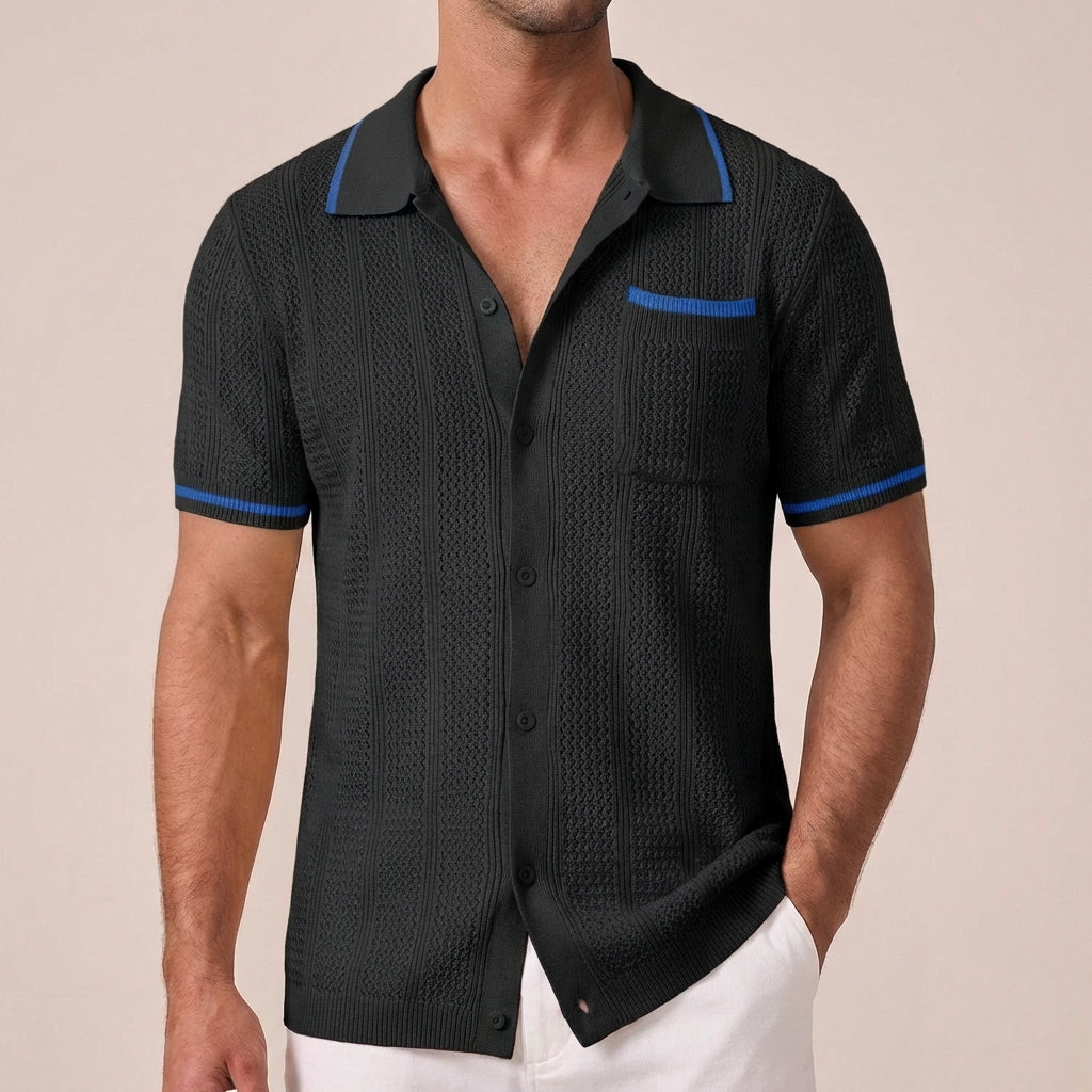 Ryker Relaxed Knit Polo with Textured Stripe and Contrasting Trim