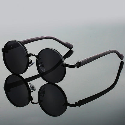 Vintage-Inspired Round Sunglasses with Mixed-Material Textured Temples