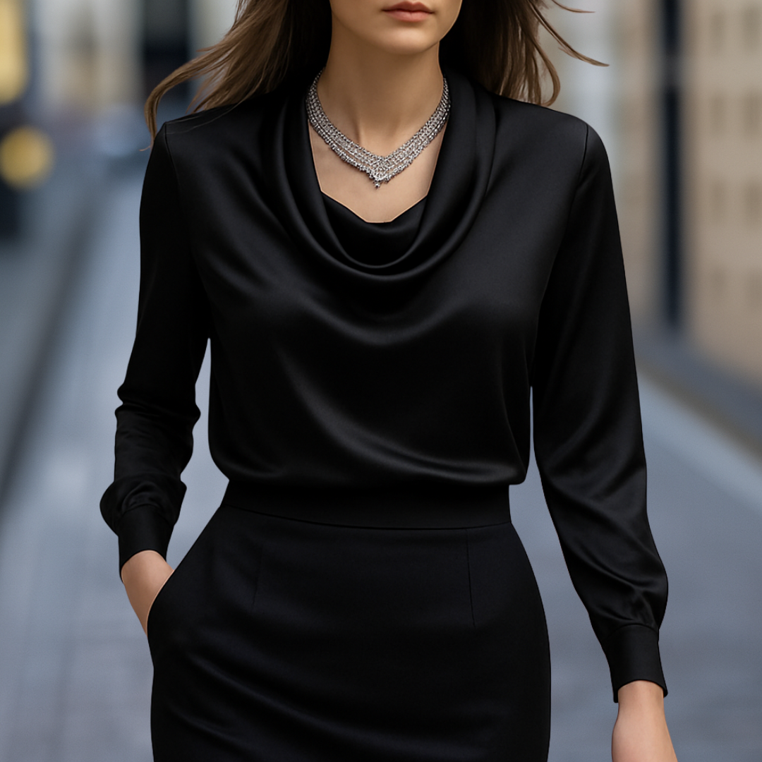 Tailored Draped Cowl Neck Blouse with Buttoned Cuffs