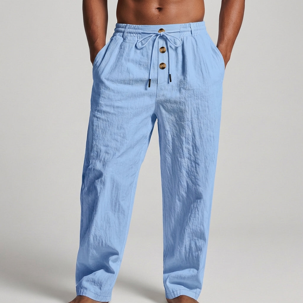 Wide-Leg Drawstring Trousers with Textured Fabric and Button Detail