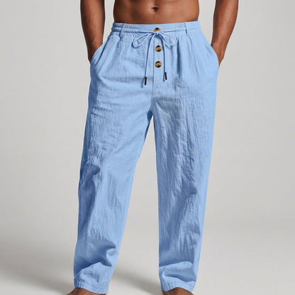 Wide-Leg Drawstring Trousers with Textured Fabric and Button Detail