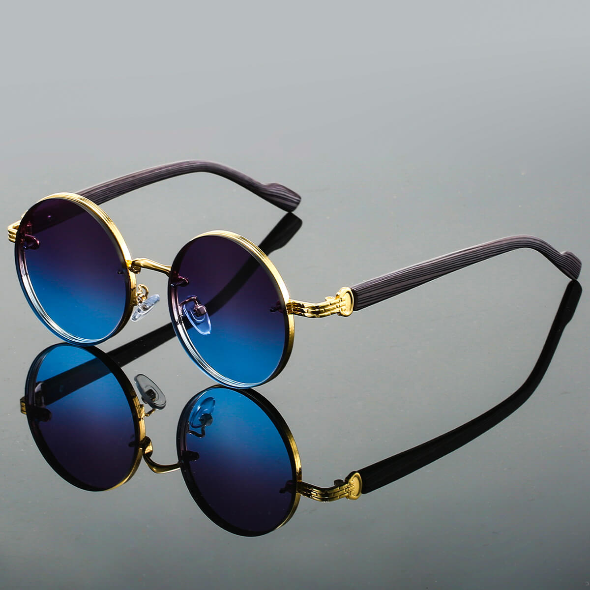 Vintage-Inspired Round Sunglasses with Mixed-Material Textured Temples
