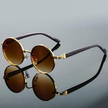 Vintage-Inspired Round Sunglasses with Mixed-Material Textured Temples