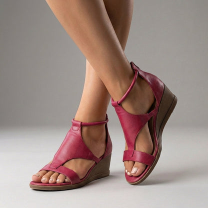 Refined Vegan T-Strap Wedge Sandals with Cushioned Insoles