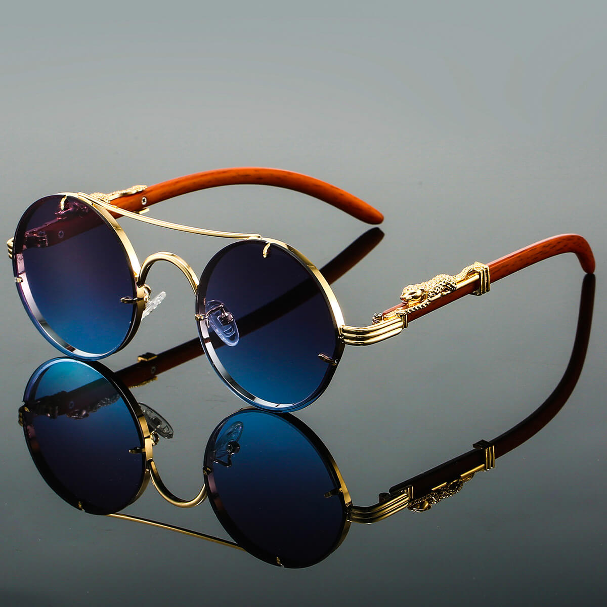 Panthera Onca Vintage-Inspired Round Sunglasses with Artisan Wood Temples