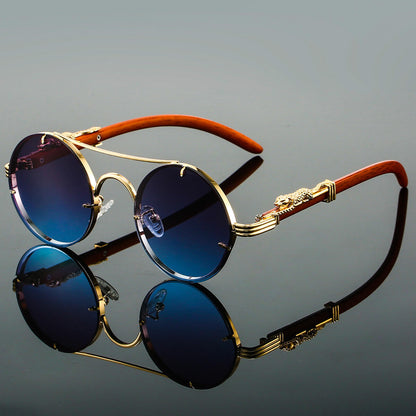Panthera Onca Vintage-Inspired Round Sunglasses with Artisan Wood Temples