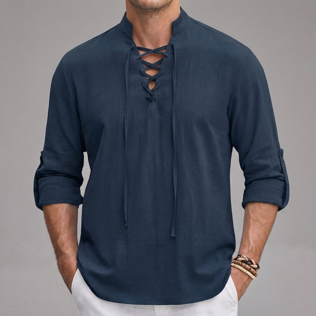 Relaxed-Fit Lace-Up Henley with Stand Collar and Roll-Tab Sleeves