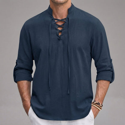 Relaxed-Fit Lace-Up Henley with Stand Collar and Roll-Tab Sleeves