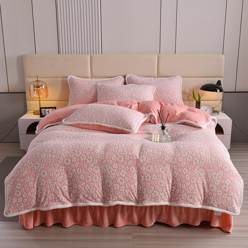 Velvet Floral Bed Sheet Set With Ruffled Skirt