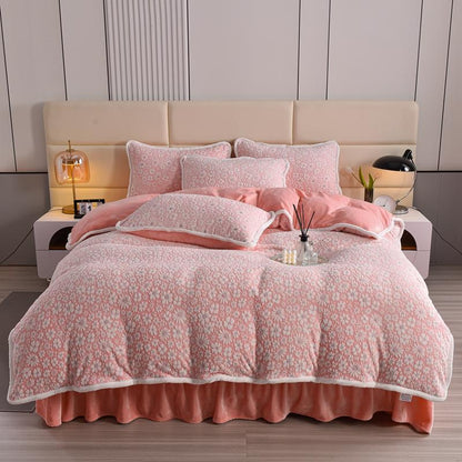Velvet Floral Bed Sheet Set With Ruffled Skirt