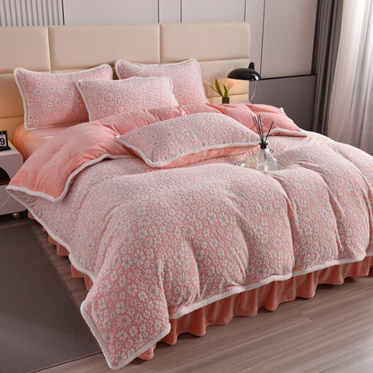 Velvet Floral Bed Sheet Set With Ruffled Skirt
