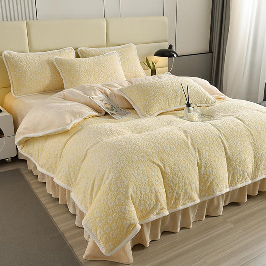 Velvet Floral Bed Sheet Set With Ruffled Skirt