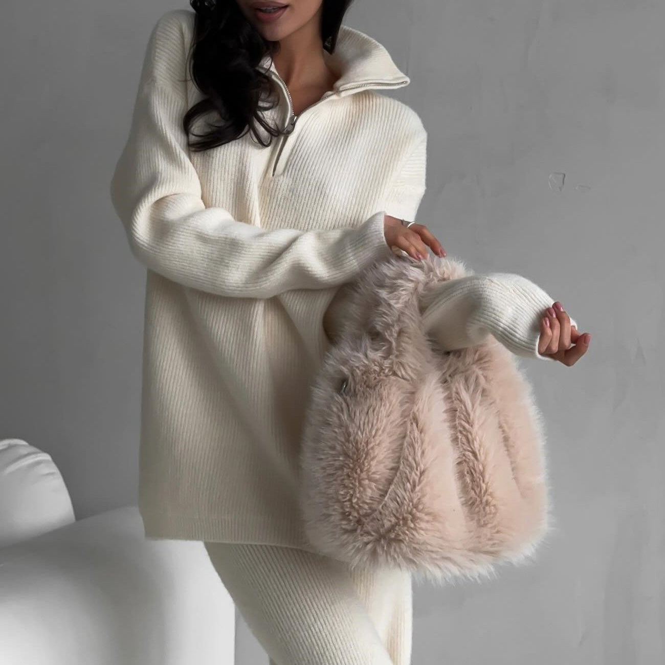 Alessandra Relaxed Fit Half-Zip Sweater Two-Piece Set | Collared Ribbed Knit Pants