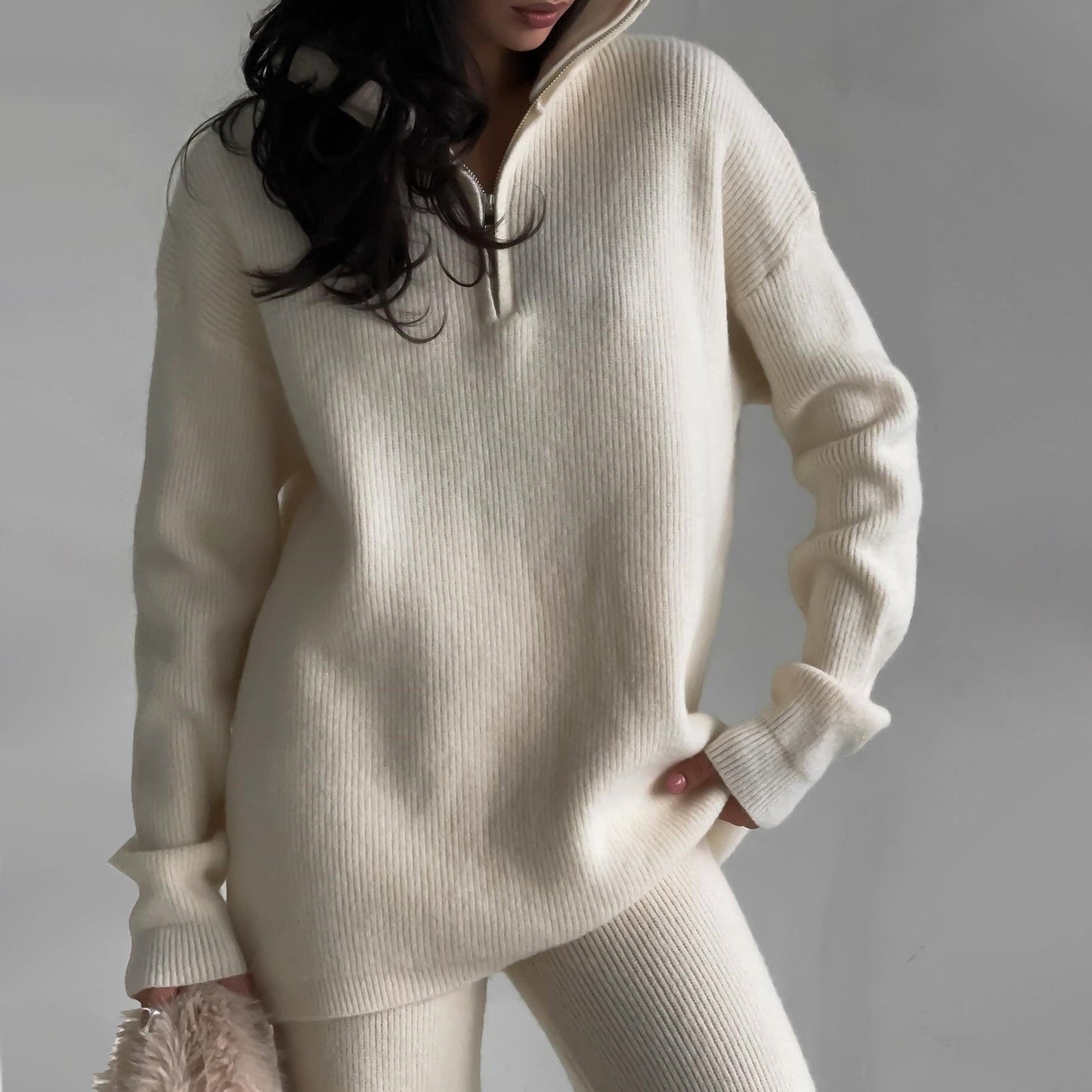 Alessandra Relaxed Fit Half-Zip Sweater Two-Piece Set | Collared Ribbed Knit Pants