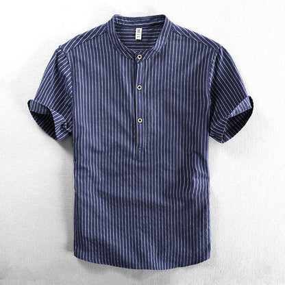 Felix Grant Relaxed Mandarin Collar Shirt with Vertical Stripes