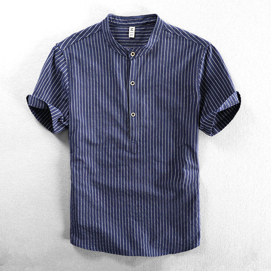 Felix Grant Relaxed Mandarin Collar Shirt with Vertical Stripes