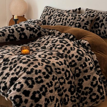 Velvet Leopard Print Bed Sheet Set With Plush Texture