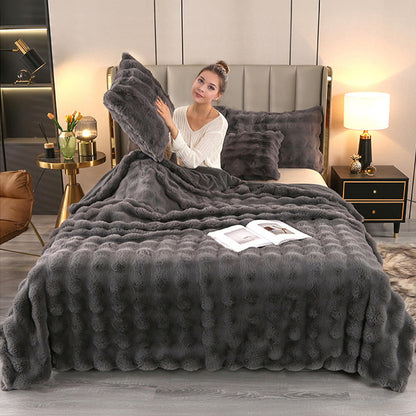 Contemporary Faux Rabbit Fur Throw Blanket With Bubble Texture