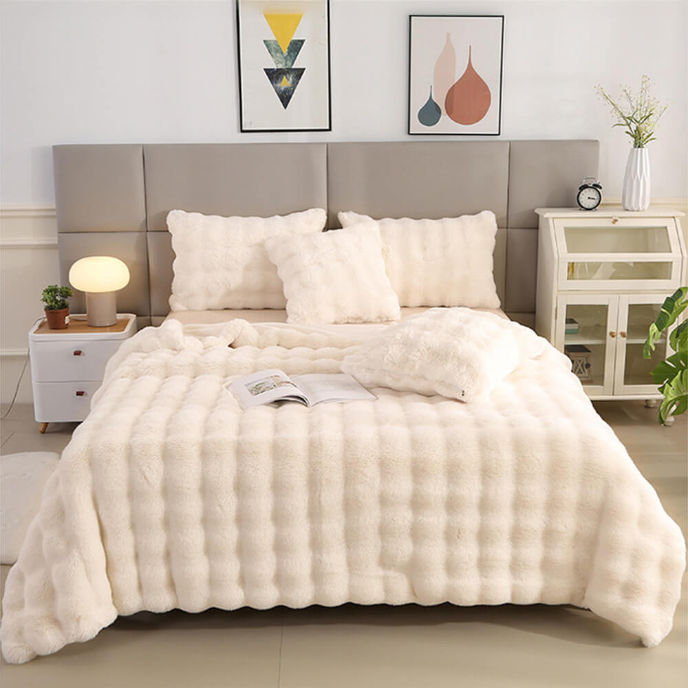 Contemporary Faux Rabbit Fur Throw Blanket With Bubble Texture
