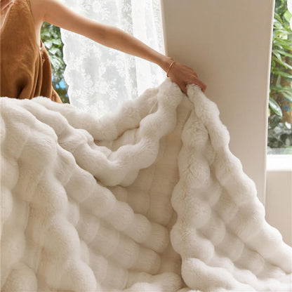 Contemporary Faux Rabbit Fur Throw Blanket With Bubble Texture