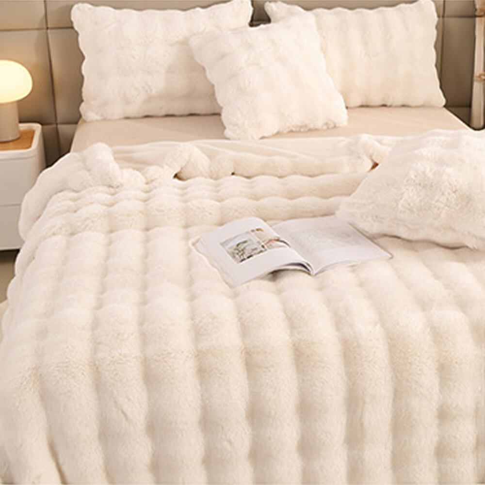 Contemporary Faux Rabbit Fur Throw Blanket With Bubble Texture