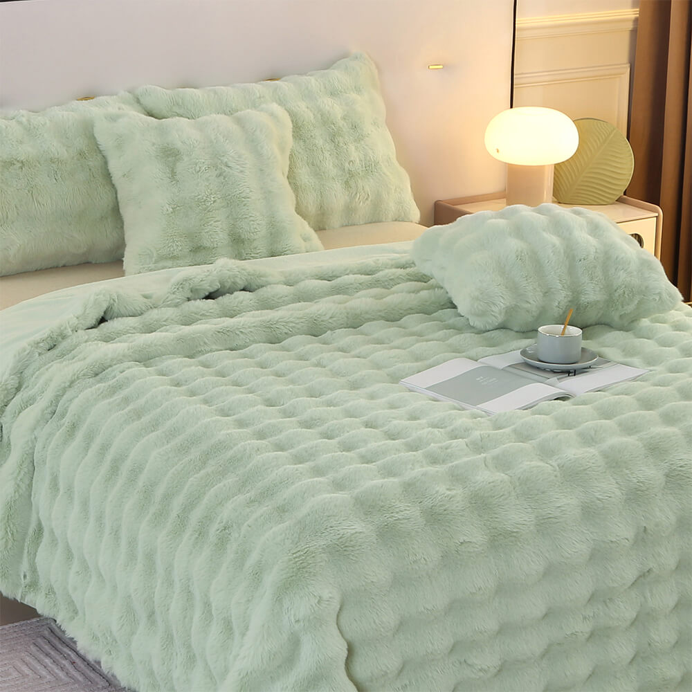 Contemporary Faux Rabbit Fur Throw Blanket With Bubble Texture