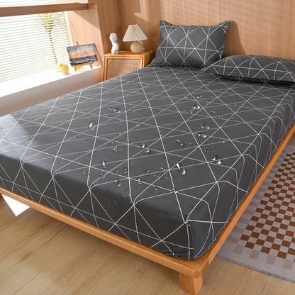 Waterproof geometric fitted sheet with elastic corners