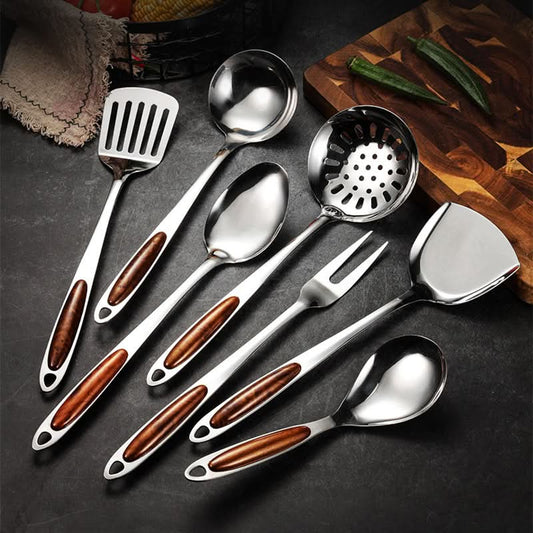 Contemporary Stainless Steel And Wood Utensil Set