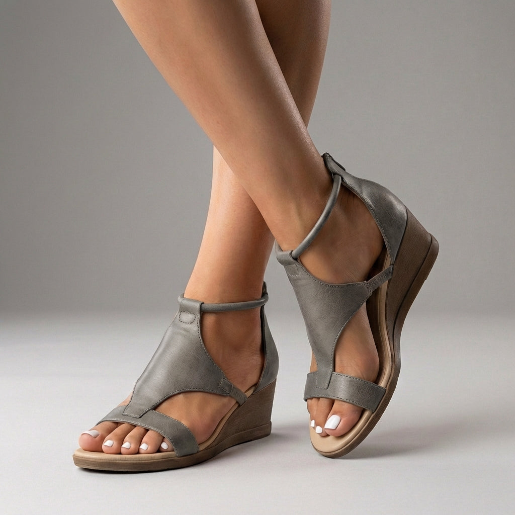 Refined Vegan T-Strap Wedge Sandals with Cushioned Insoles