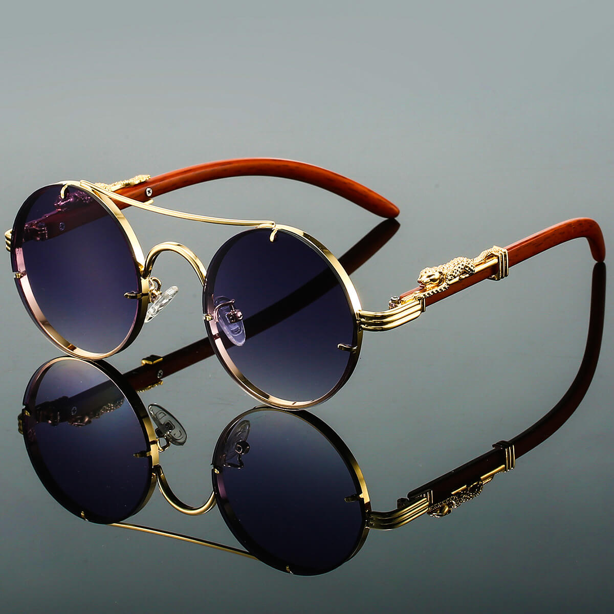 Panthera Onca Vintage-Inspired Round Sunglasses with Artisan Wood Temples