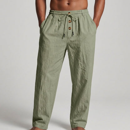 Wide-Leg Drawstring Trousers with Textured Fabric and Button Detail